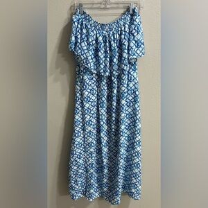 Chicos Maxi Dress Size 2 (Large) Beachy Coastal Rssort Smocked Off The Shoulder